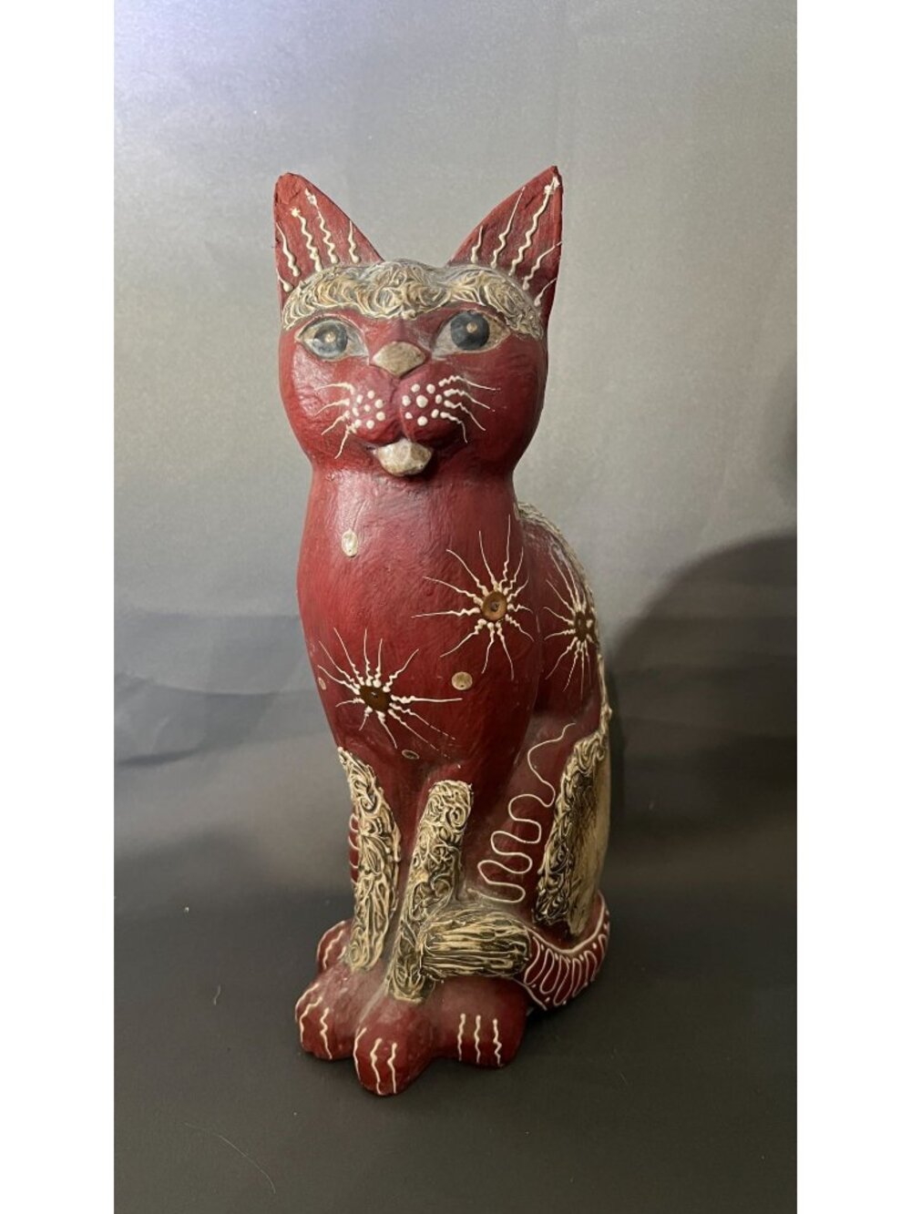 Indonesian Folk Art Wooden Cat Figurine With Intricate Gold Details Vintage